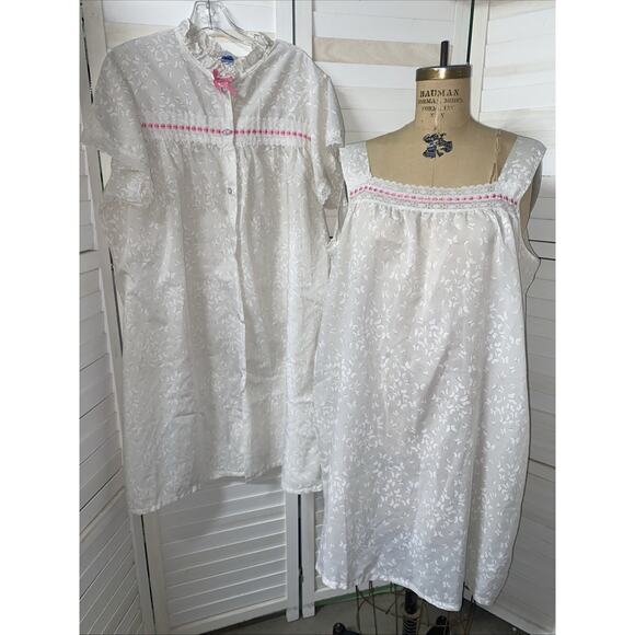 VTG 2 Piece Night Gown Robe Duster Dressing Gown Lace Cotton Cottage Set Sz XL - Picture 1 of 12